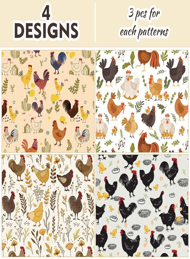 Sanixin 12 Pcs Chicken Wrapping Paper Printed Watercolor Cute Rooster Hen Chick Animal Rustic Farm Flower Plant Patterns for Spring Baby Shower Farmhouse Party DIY Craft Gifts Wrap Supplies - Image 3